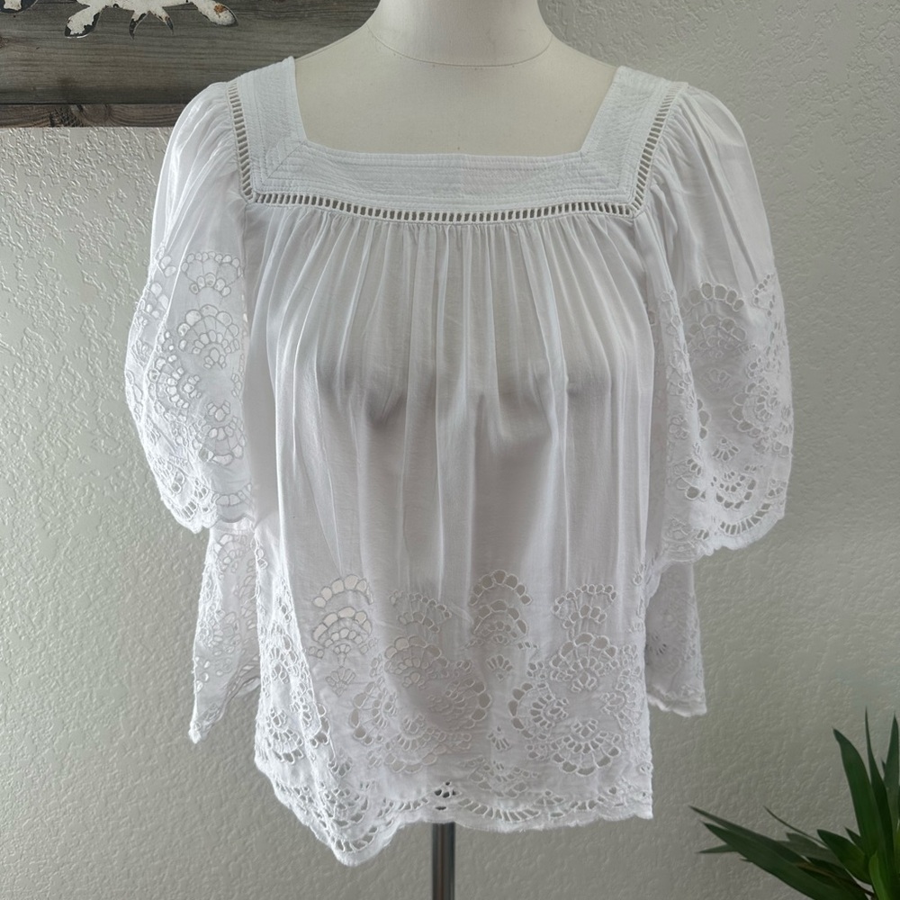 Madewell White Flutter‎ Sleeve Blouse with Eyelet embroidered Details Size M NWT